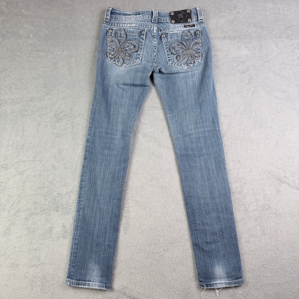 Miss Me JP5145S Skinny Jeans Medium Wash Fleur De Lis Rhinestone Studded 27